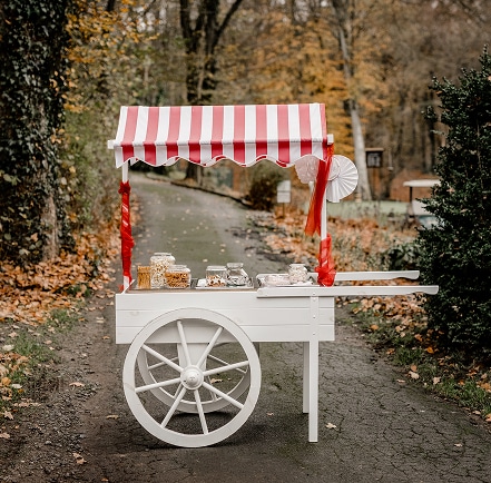 Weißer mobiler Verkaufswagen mit rot-weiß gestreiftem Dach, auf einem Weg im herbstlichen Wald, beladen mit Gläsern und Dosen.